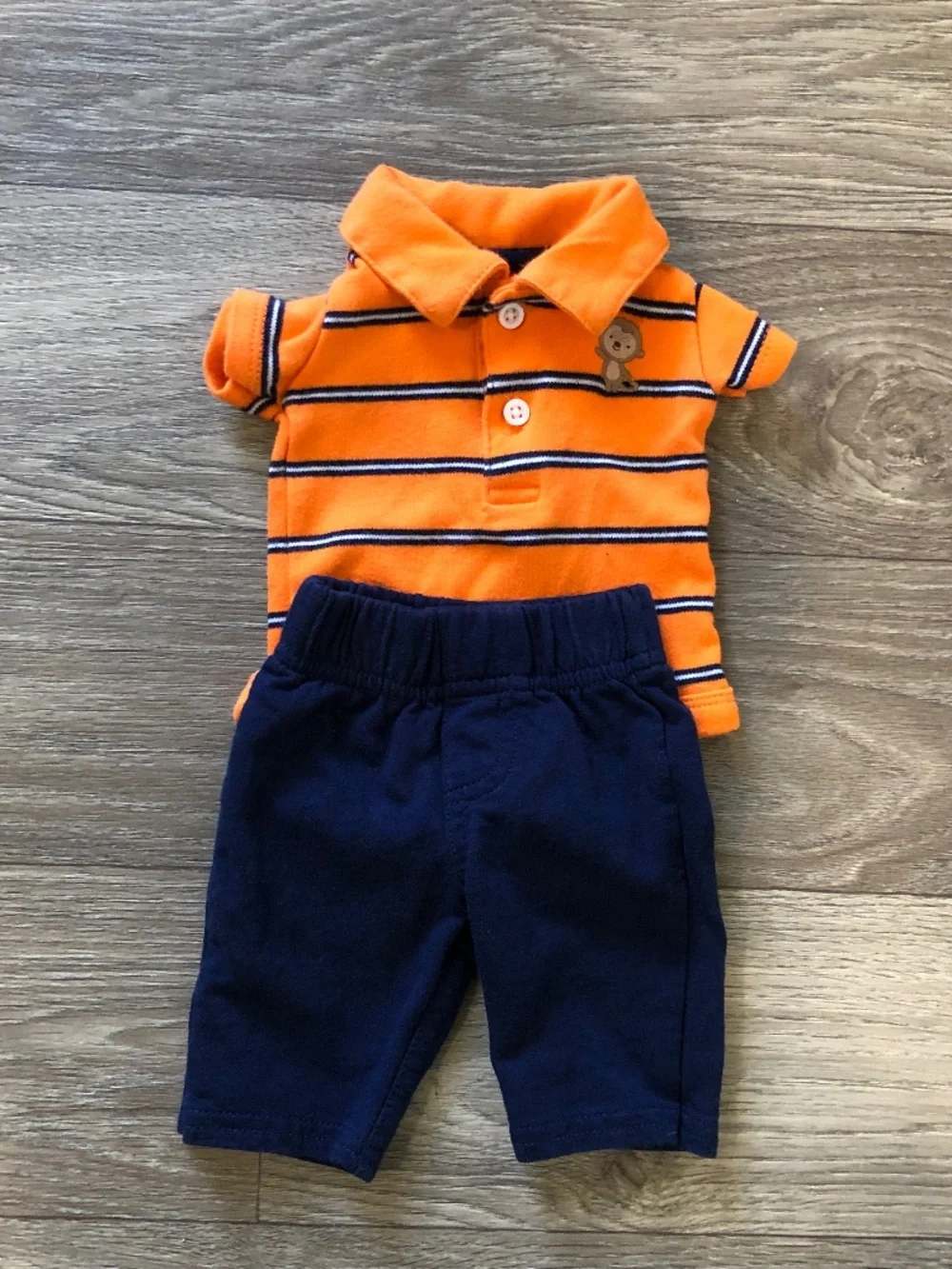 Baby Boys Outfit ORANGE POLO SHIRT Monkey NAVY BLUE KNIT PANTS Size Preemie